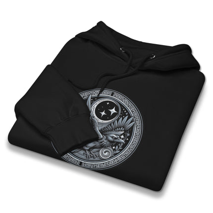 Norse raven and crescent moon graphic on a Viking style pullover hoodie.