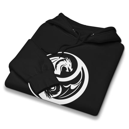 White and black dragon yin yang graphic on a unisex zen pullover hoodie.