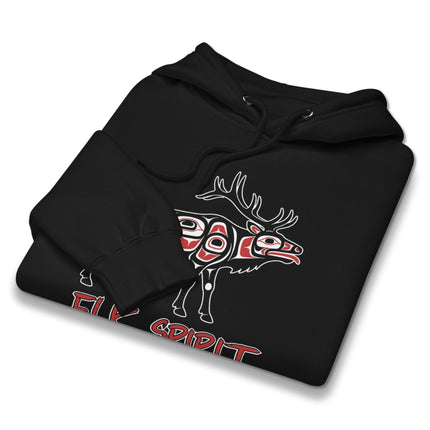 Native American elk spirit art pullover hoodie featuring detailed tribal wildlife designs.
