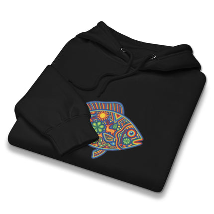 Vibrant Huichol Mexican art hoodie featuring colorful depictions of fish, deer, and sun motifs.