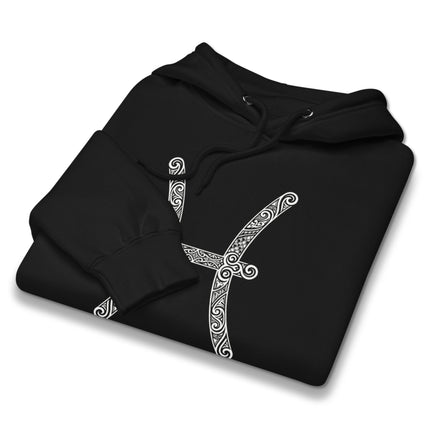 Ornate Pisces zodiac symbol on a unisex astrology star sign pullover hoodie.