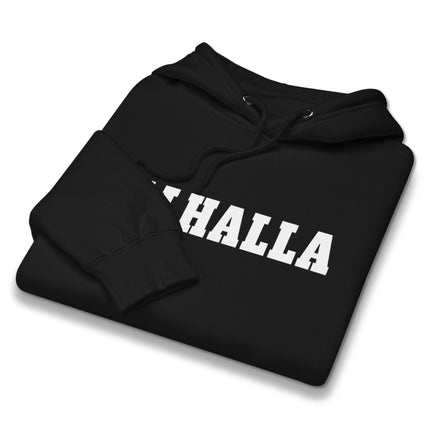 Norse Valhalla themed pullover hoodie featuring bold Viking mythology graphic print on unisex sweatshirt.