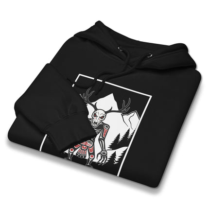 Tribal Wendigo skull and antlers graphic hoodie featuring cryptid forest art design.