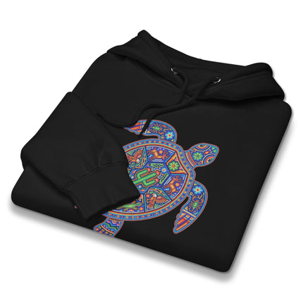 Huichol style turtle graphic printed on a vibrant Mexican folk art fleece hoodie.