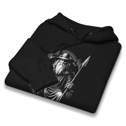 Odin Allfather Norse Mythology hoodie featuring ravens, spear, and Viking god design.