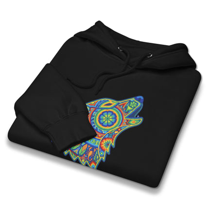 Colorful Huichol tribal art hoodie featuring a howling wolf and vibrant Mexican folk patterns.
