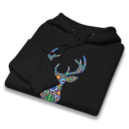 Vibrant Huichol deer pattern hoodie featuring traditional Mexican indigenous folk art design.
