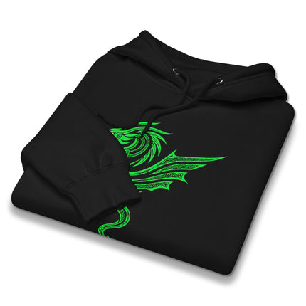 Green hoodie featuring a celtic dragon graphic with intricate knotwork pattern print.