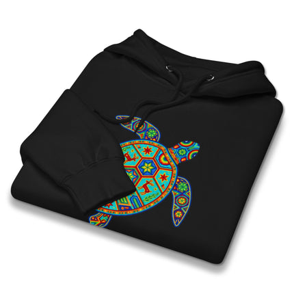 Huichol tribal sea turtle graphic pullover hoodie featuring vibrant colors and detailed patterns.