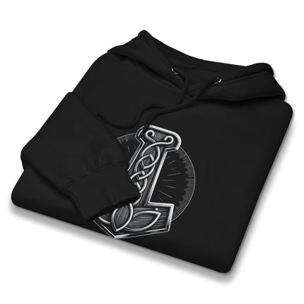 Viking Mjolnir hammer graphic print hoodie pullover fleece for Norse heathen apparel.