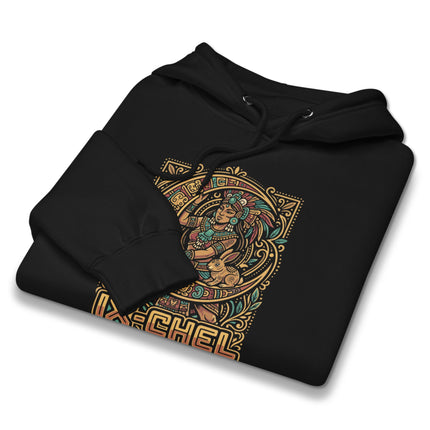 Ixchel Mayan Goddess graphic featuring ancient Mesoamerican art style on a pullover hoodie.