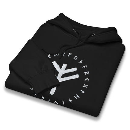 Norse rune pullover hoodie featuring Fehu wealth bind and Elder Futhark symbols print.