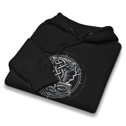Mjolnir Norse hammer graphic pullover hoodie featuring a Viking Thor symbol design.