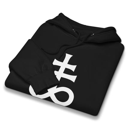 Leviathan Cross black hoodie featuring alchemical sulfur symbols graphic print.
