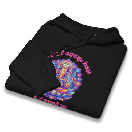 Vibrant Ganesha design on pullover hoodie featuring Om Gam Ganapataye Namah mantra print.