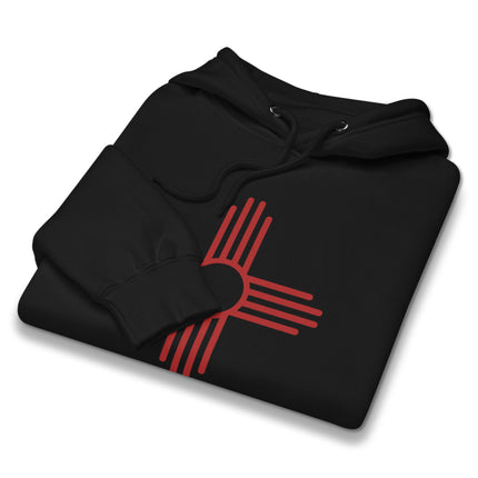 Red Zia Sun Symbol graphic on a unisex pullover hoodie. Native American style fleece design.