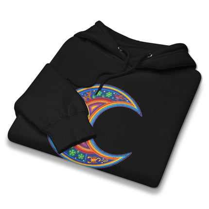 Colorful Huichol art moon hoodie featuring indigenous crescent designs pullover.