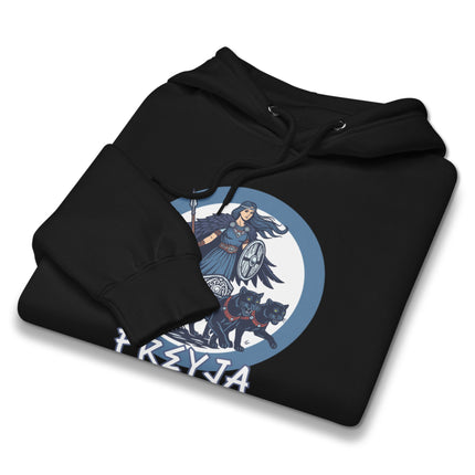 Norse Goddess Freyja hoodie featuring Viking mythology cat chariot graphic design pullover.