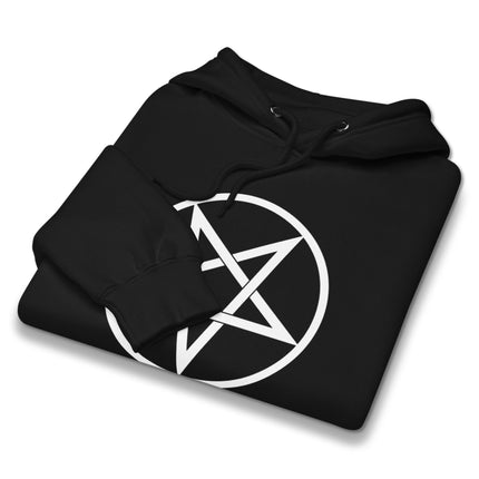 Inverted pentagram graphic print on a black pullover hoodie.