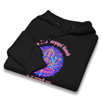Vibrant Durga Goddess hoodie featuring Om Dum Durgayei Namah Hindu mantra print pullover.