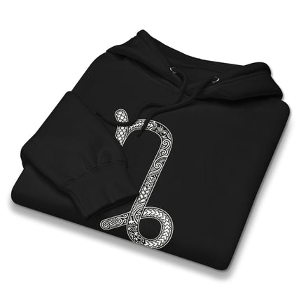 Ornate Capricorn zodiac symbol hoodie featuring an astrological star sign print.