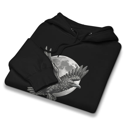 Black gothic hoodie featuring a striking raven and crescent moon graphic print.