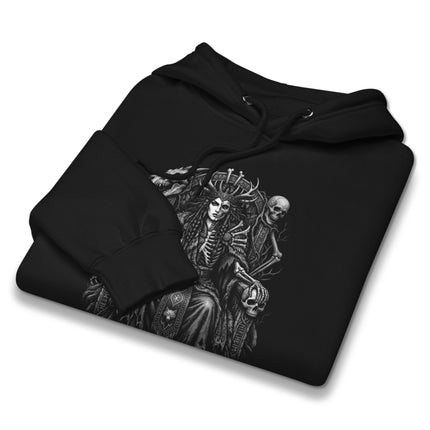 Norse Hel Queen of the Dead mythological skull and dragon print hoodie design.