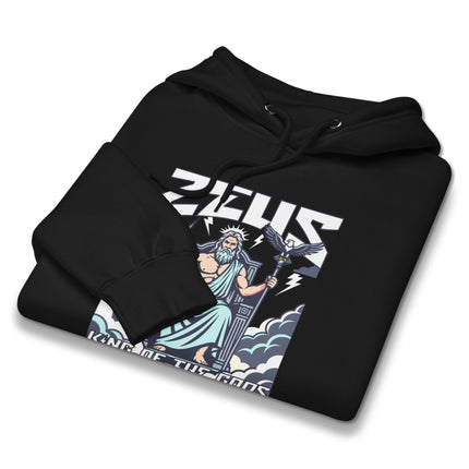Zeus King of the Gods hoodie with a bold Greek mythology lightning bolt graphic pullover.