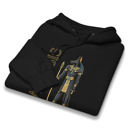Anubis Egyptian God graphic print on a unisex ancient Egypt themed pullover hoodie.