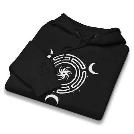 Witchy goddess hoodie featuring Hekate's wheel and triple moon celestial symbols print.