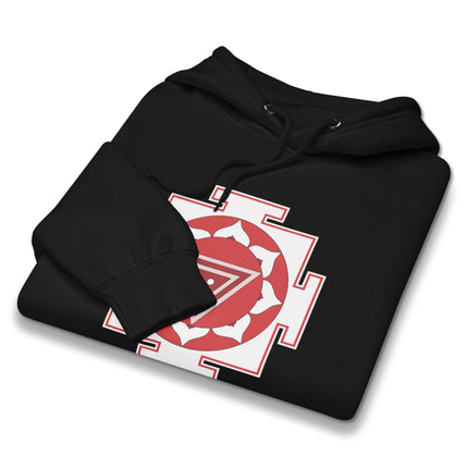 Kali Yantra sacred geometry symbol print on a spiritual Hindu pullover hoodie.