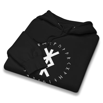 Unisex pullover hoodie featuring bold Norse runes and Viking protective graphic print.