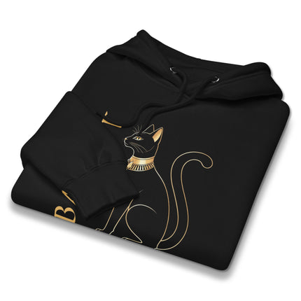 Bastet goddess cat print hoodie featuring Egyptian mythology design and unisex pullover style.