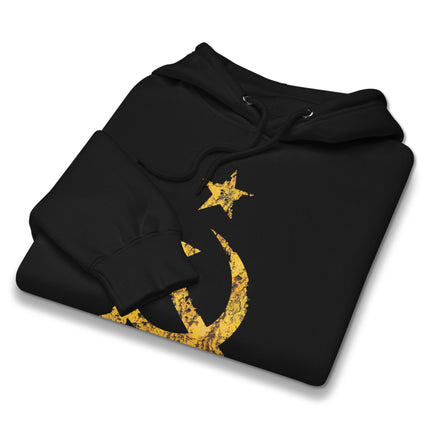 Yellow distressed communist hoodie showing the iconic hammer and sickle symbol.