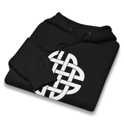 Celtic knot shield graphic printed on an Irish style unisex pullover hoodie sweatshirt.