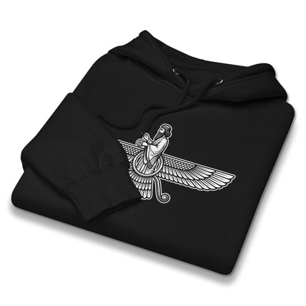 Faravahar Zoroastrian symbol graphic print on unisex pullover fleece hoodie.