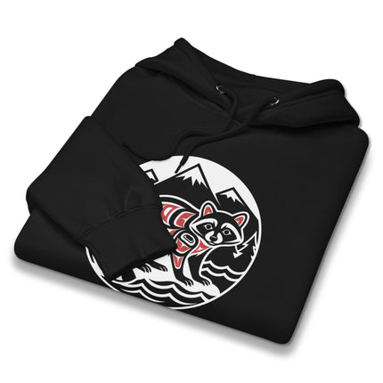 Raccoon Indigenous Art Hoodie featuring PNW forest wildlife design print.