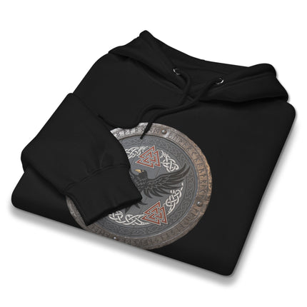 Viking Norse raven shield hoodie featuring detailed runic symbols and mythology art.