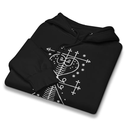 Maman Brigitte Veve voodoo symbol graphic printed on black occult hoodie apparel.