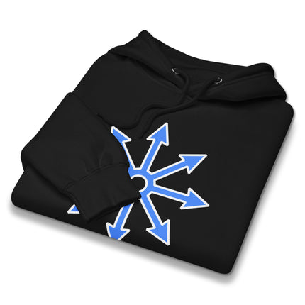 Symbol of Chaos star graphic pullover hoodie featuring an eight-arrow celestial symbol.