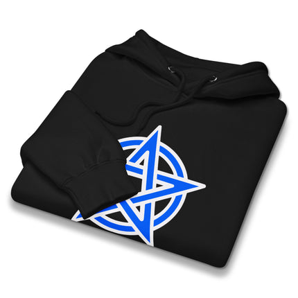 Blue unisex hoodie featuring a pentagram and pentacle pagan graphic print.