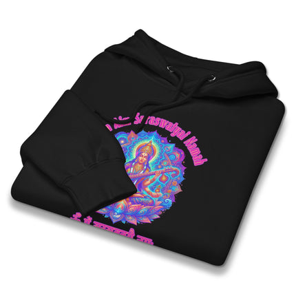 Saraswati Goddess hoodie featuring Om Aim Saraswatyai Namah Hindu mantra print pullover fleece.
