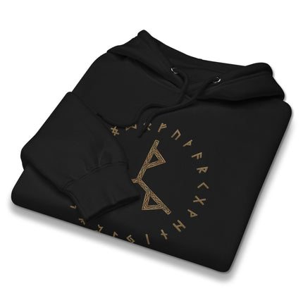 Norse Futhark rune circle graphic on black viking pullover hoodie.