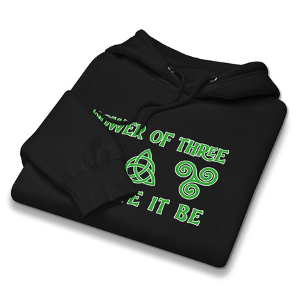 Triskelion and Triquetra pagan symbols on a witchy "Power of Three" pullover hoodie design.
