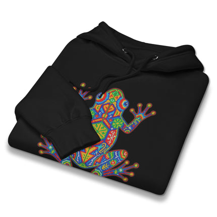 Vibrant Huichol frog graphic hoodie featuring colorful Mexican indigenous art design.