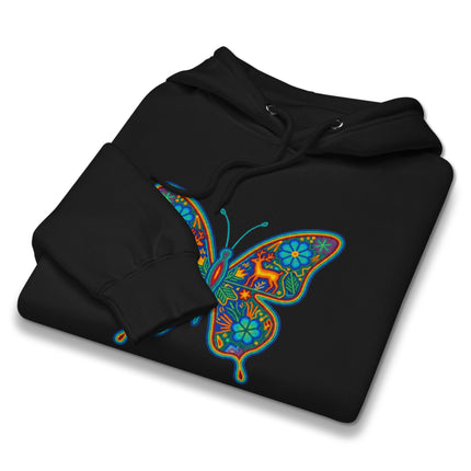 Mexican folk art hoodie featuring vibrant Huichol butterflies and indigenous patterns.