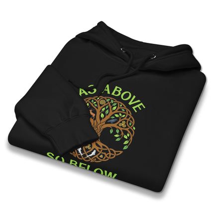 Celtic knot Tree of Life design hoodie featuring spiritual "As Above So Below" symbolism.