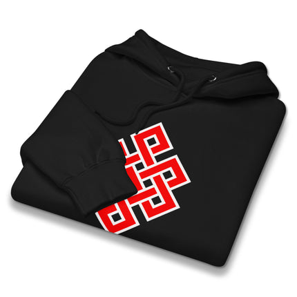 Red Endless Knot Buddhist symbol graphic on unisex pullover fleece hoodie.
