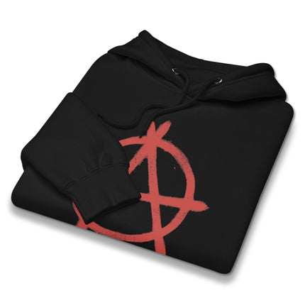 Red Anarchy symbol hoodie with distressed graphic print on a red pullover sweatshirt.