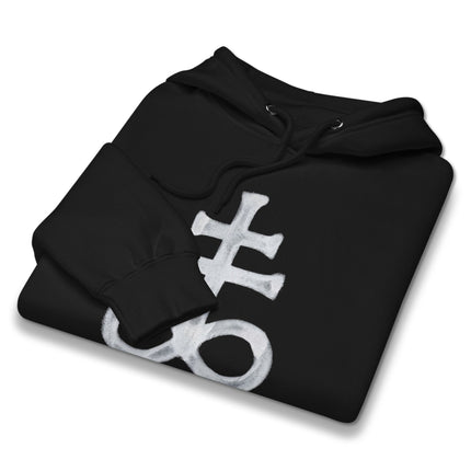 Black pullover hoodie featuring Leviathan Cross and brimstone symbol graphic design.